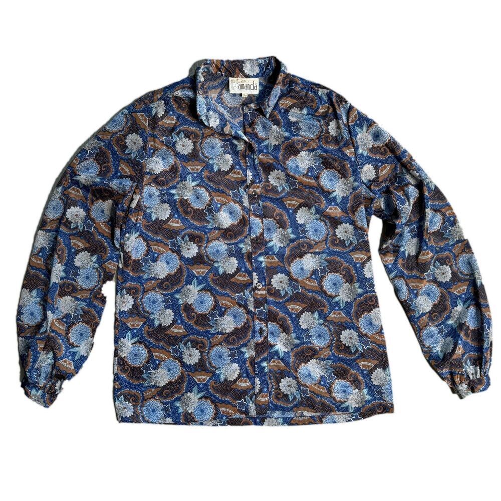 Vintage Amanda Womens Top Button Up Shirt Blouse 11/12 Floral Blue Paisley Flowy